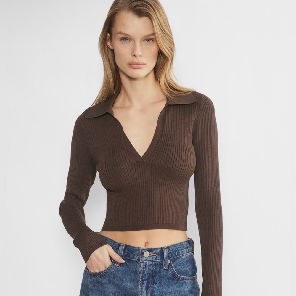 Aritzia Babaton Brown Ribbed Knit Collared Top